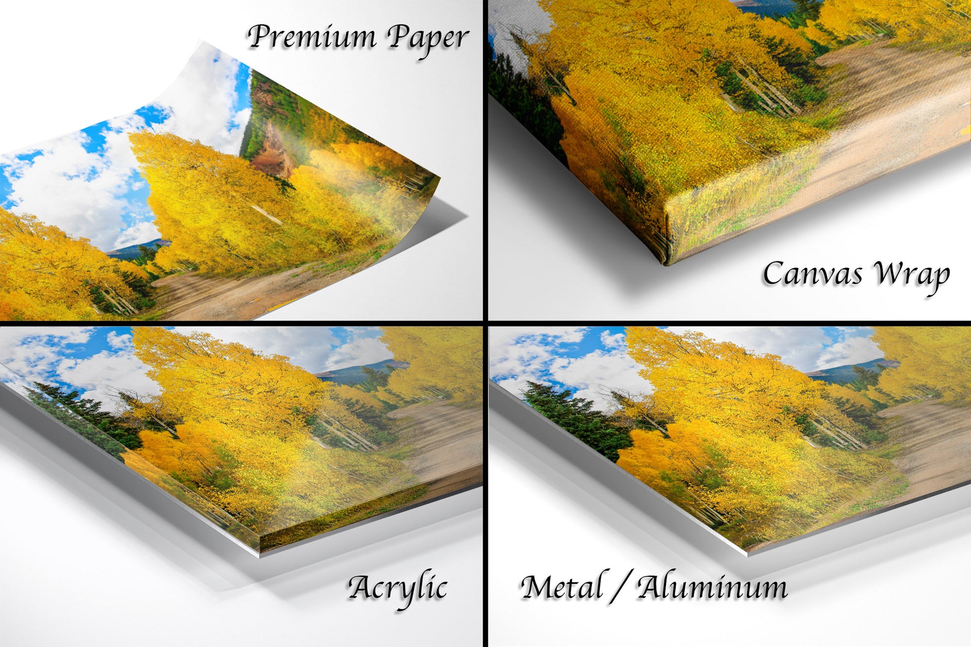 a series of four photos of a yellow tree