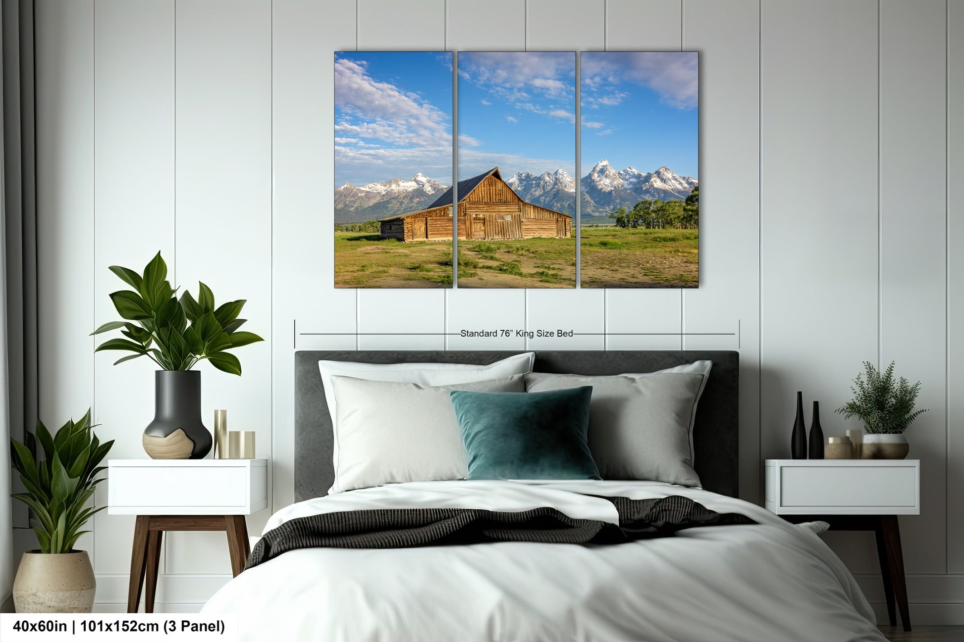 a bed room with a neatly made bed and a painting on the wall