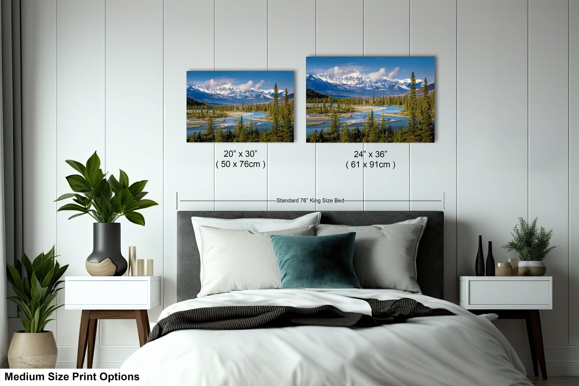 a bedroom with a bed and two pictures on the wall
