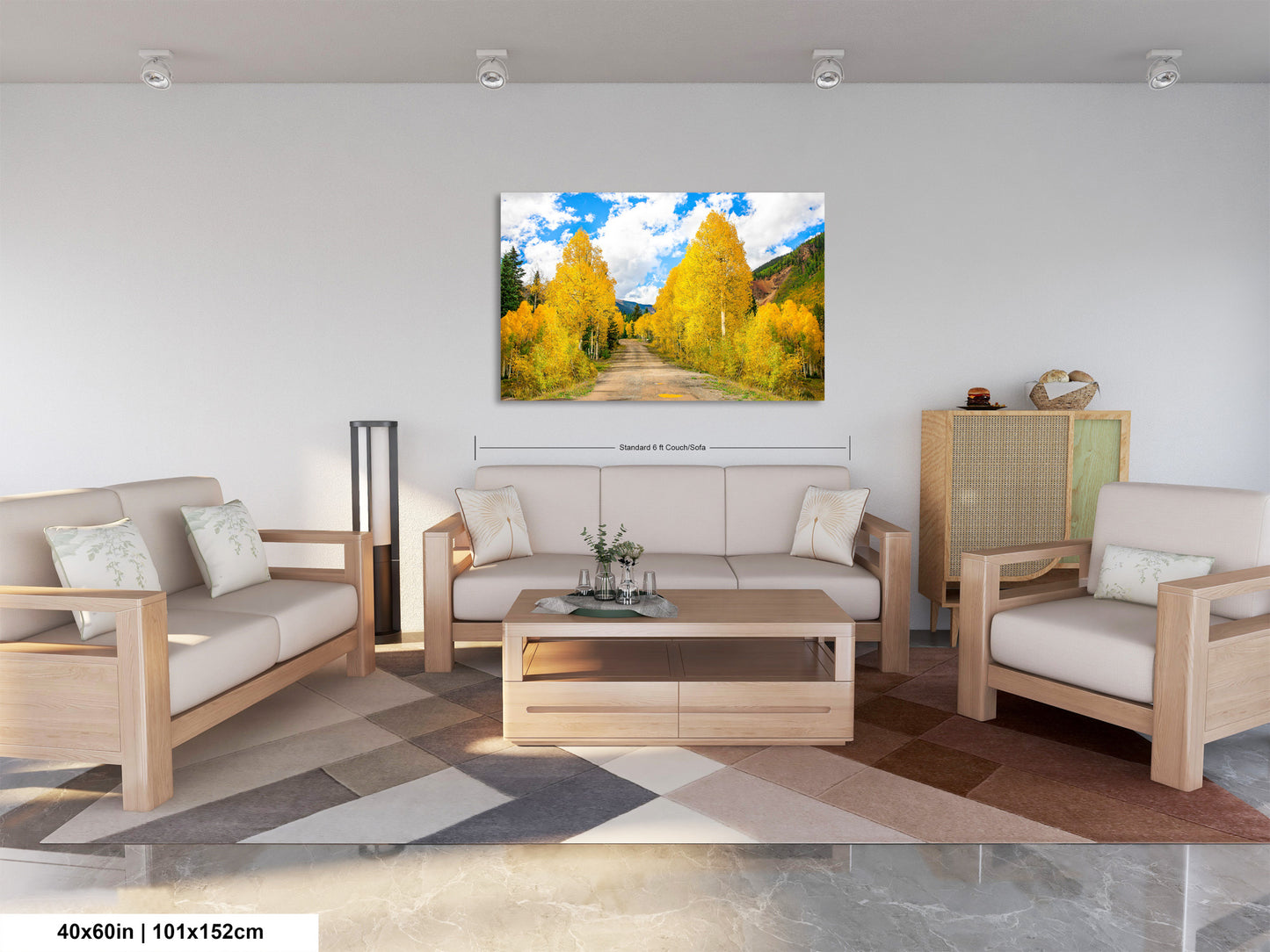a living room filled with furniture and a painting on the wall