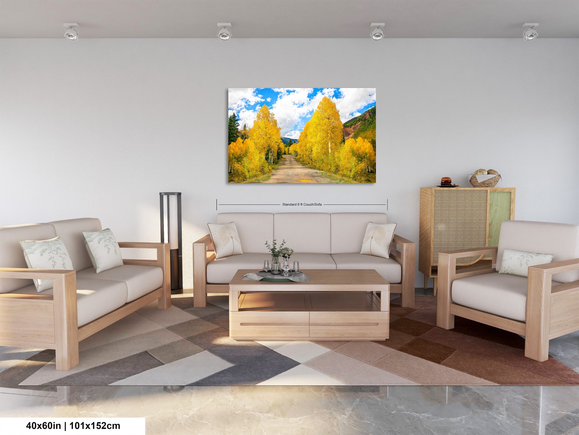 a living room filled with furniture and a painting on the wall