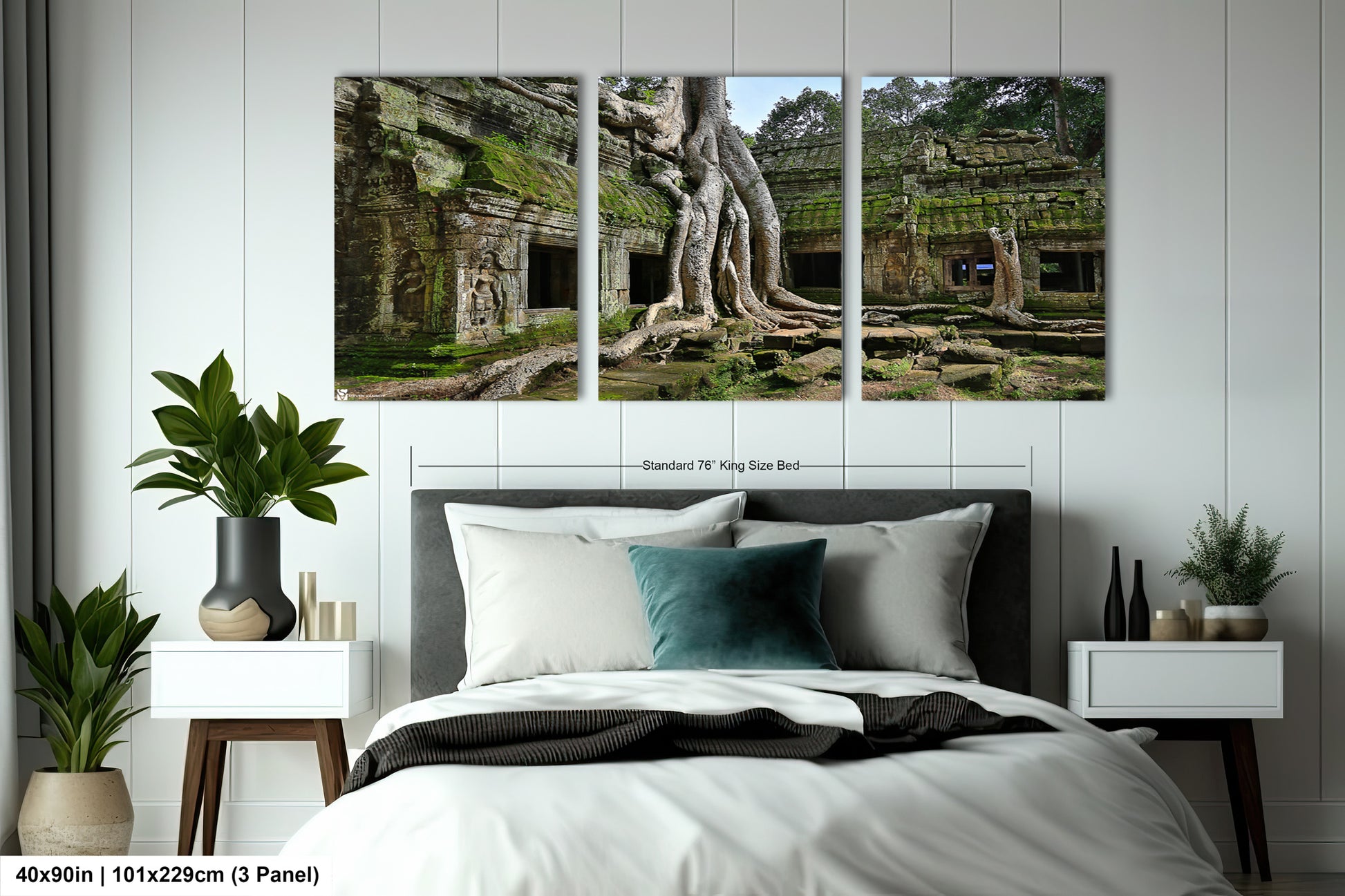 a bed room with a neatly made bed and three pictures on the wall