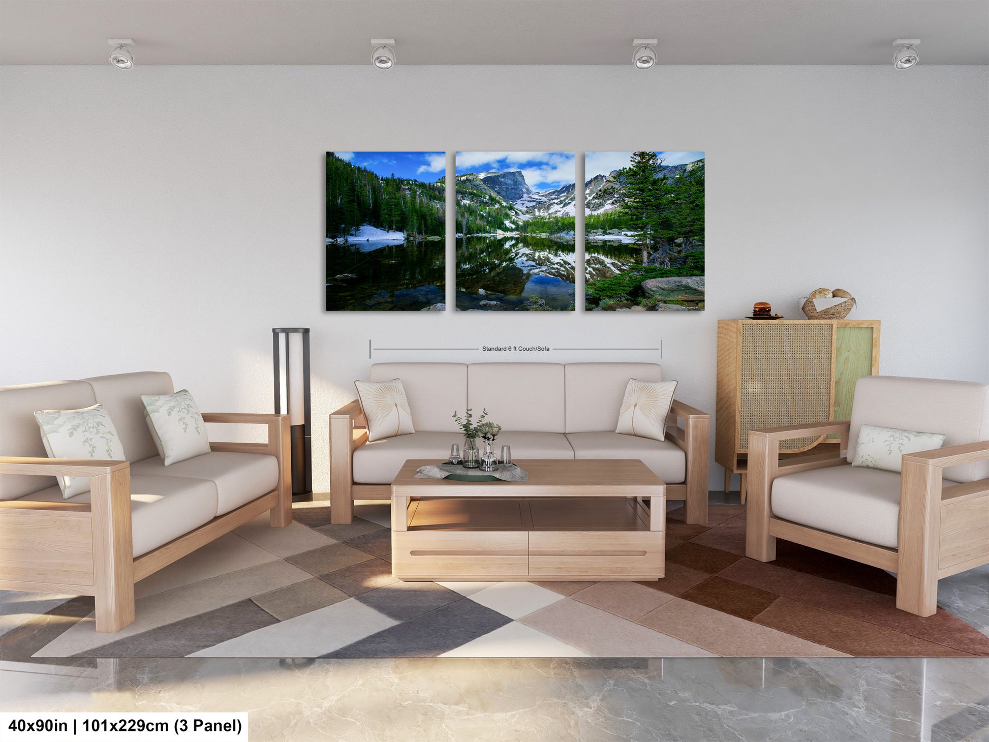 a living room filled with furniture and a painting on the wall