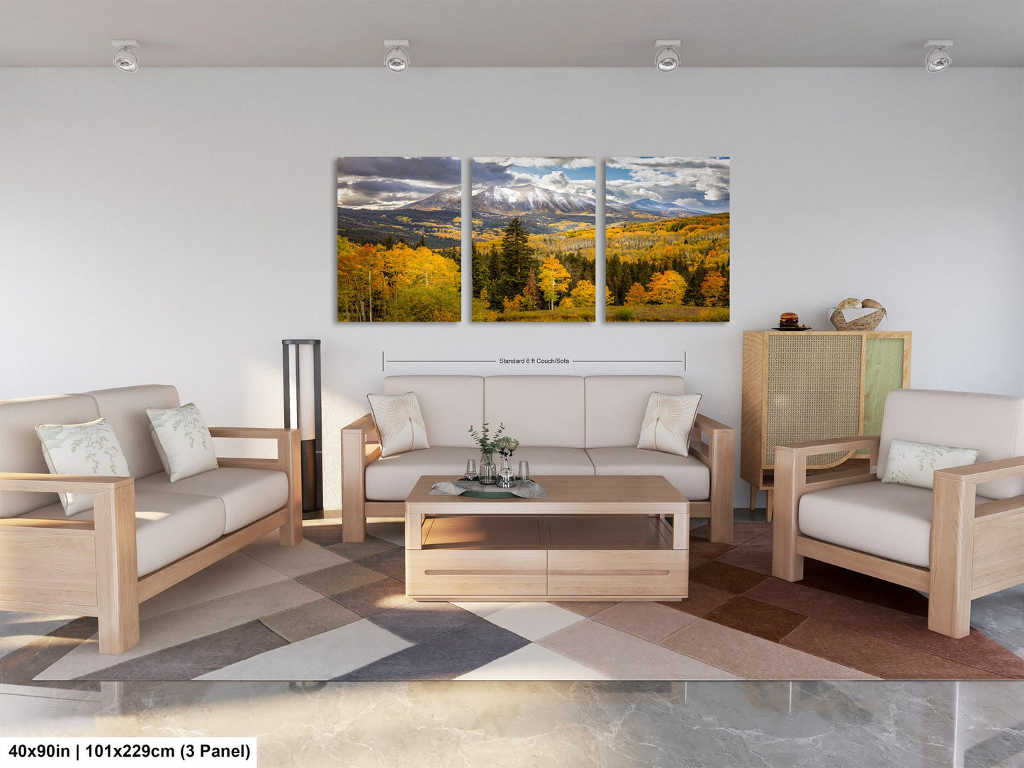 a living room filled with furniture and a painting on the wall