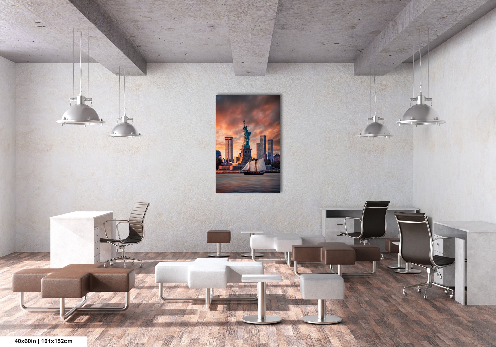 a room with a lot of chairs and a painting on the wall
