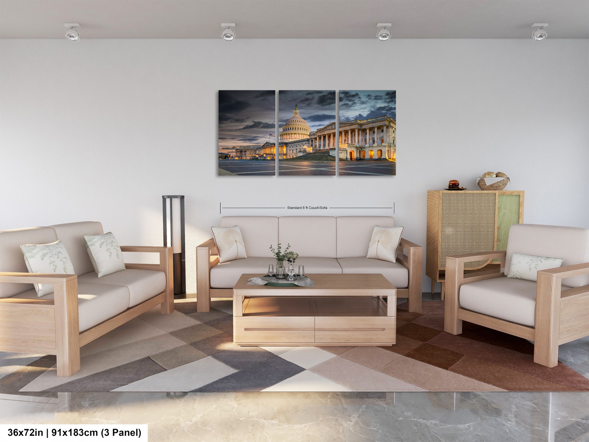 a living room filled with furniture and a painting on the wall