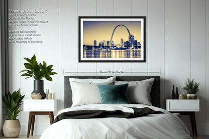 a bedroom with a picture of the st louis skyline