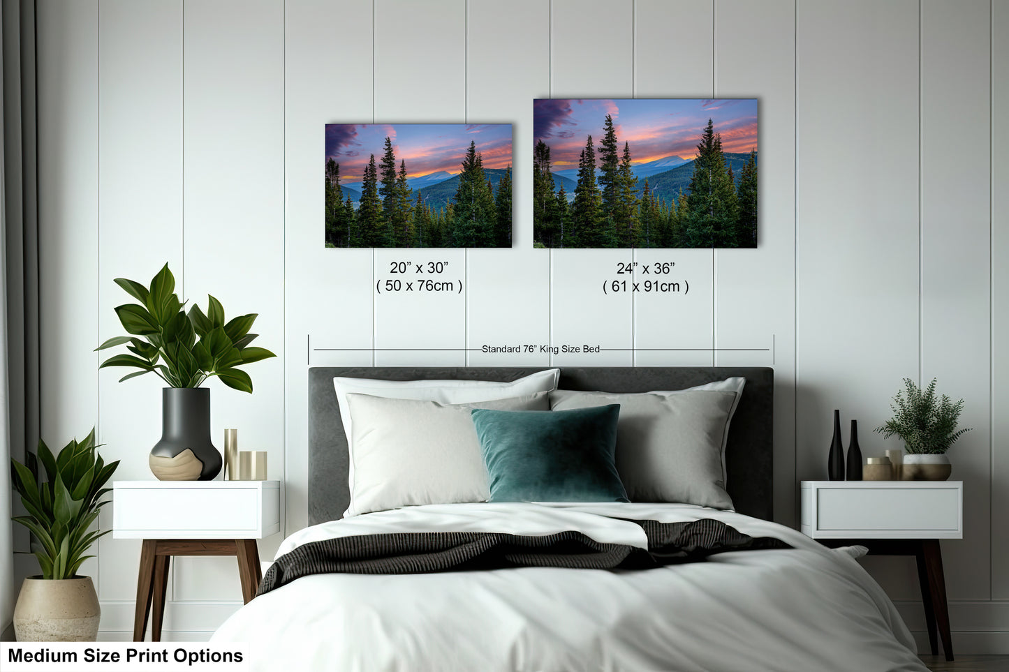 a bedroom with a bed, nightstands, and potted plants. There are two framed landscape photographs hanging on the wall above the bed, depicting a sunset over a mountain range. The photographs are of medium size, with dimensions of 20 x 30 inches and 24 x 36 inches.