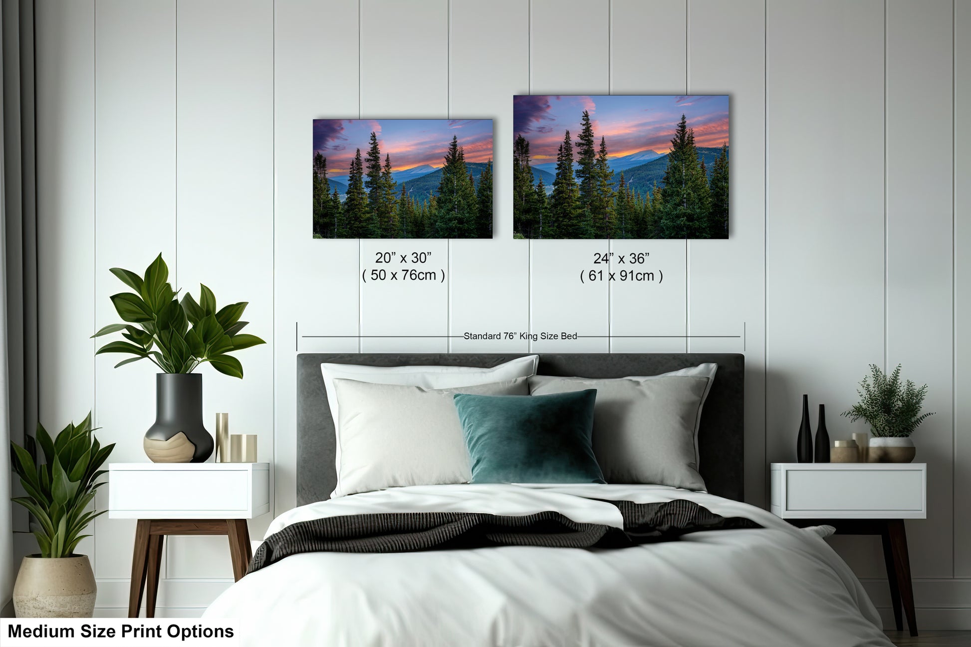 a bedroom with a bed, nightstands, and potted plants. There are two framed landscape photographs hanging on the wall above the bed, depicting a sunset over a mountain range. The photographs are of medium size, with dimensions of 20 x 30 inches and 24 x 36 inches.