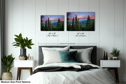 a bedroom with a bed, nightstands, and potted plants. There are two framed landscape photographs hanging on the wall above the bed, depicting a sunset over a mountain range. The photographs are of medium size, with dimensions of 20 x 30 inches and 24 x 36 inches.