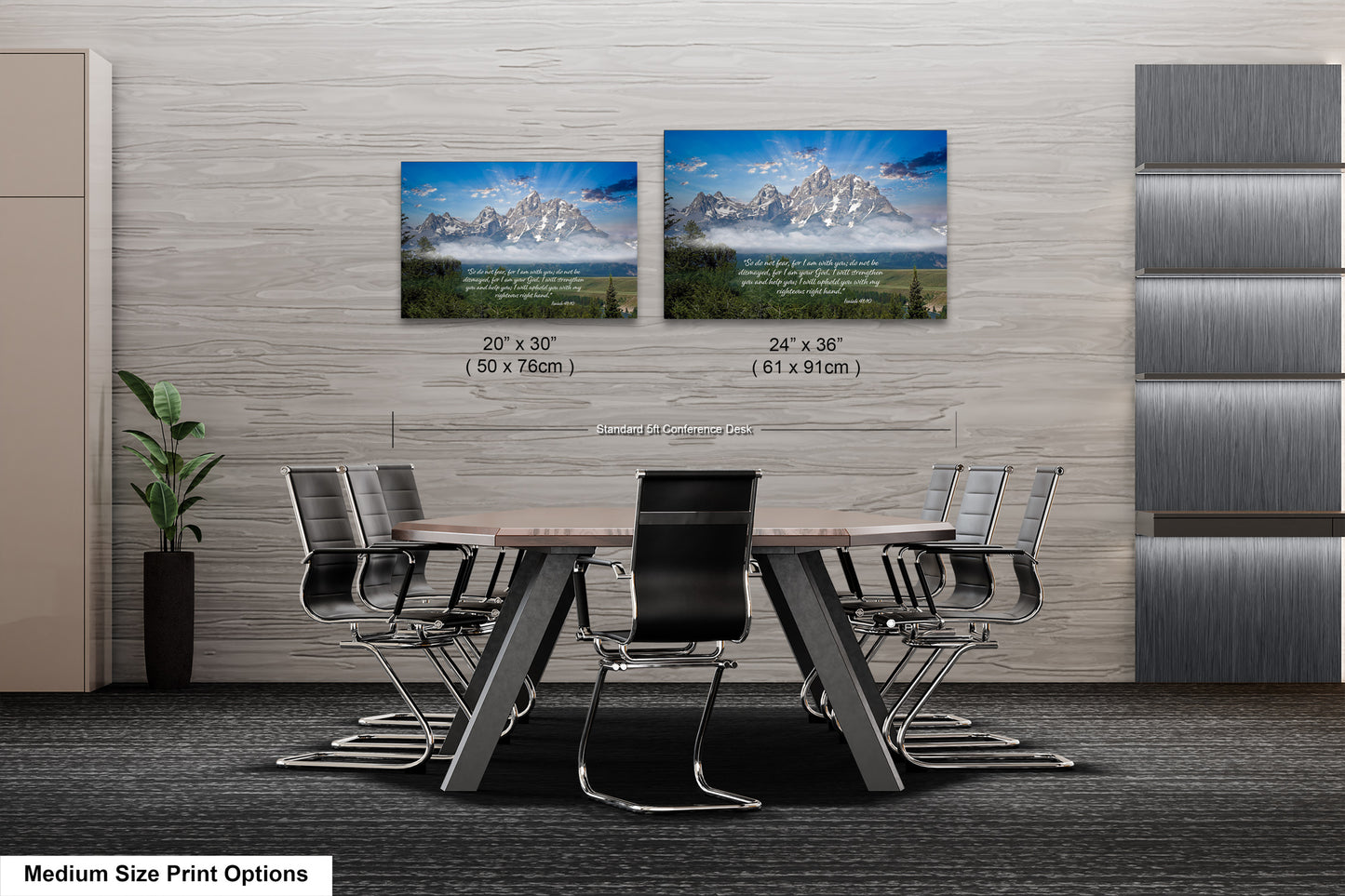 a dining room table with chairs and two pictures on the wall