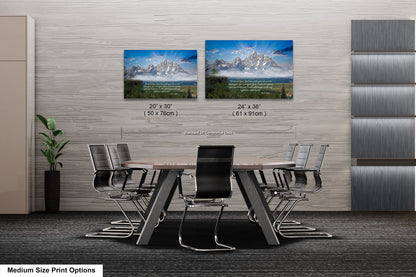 a dining room table with chairs and two pictures on the wall