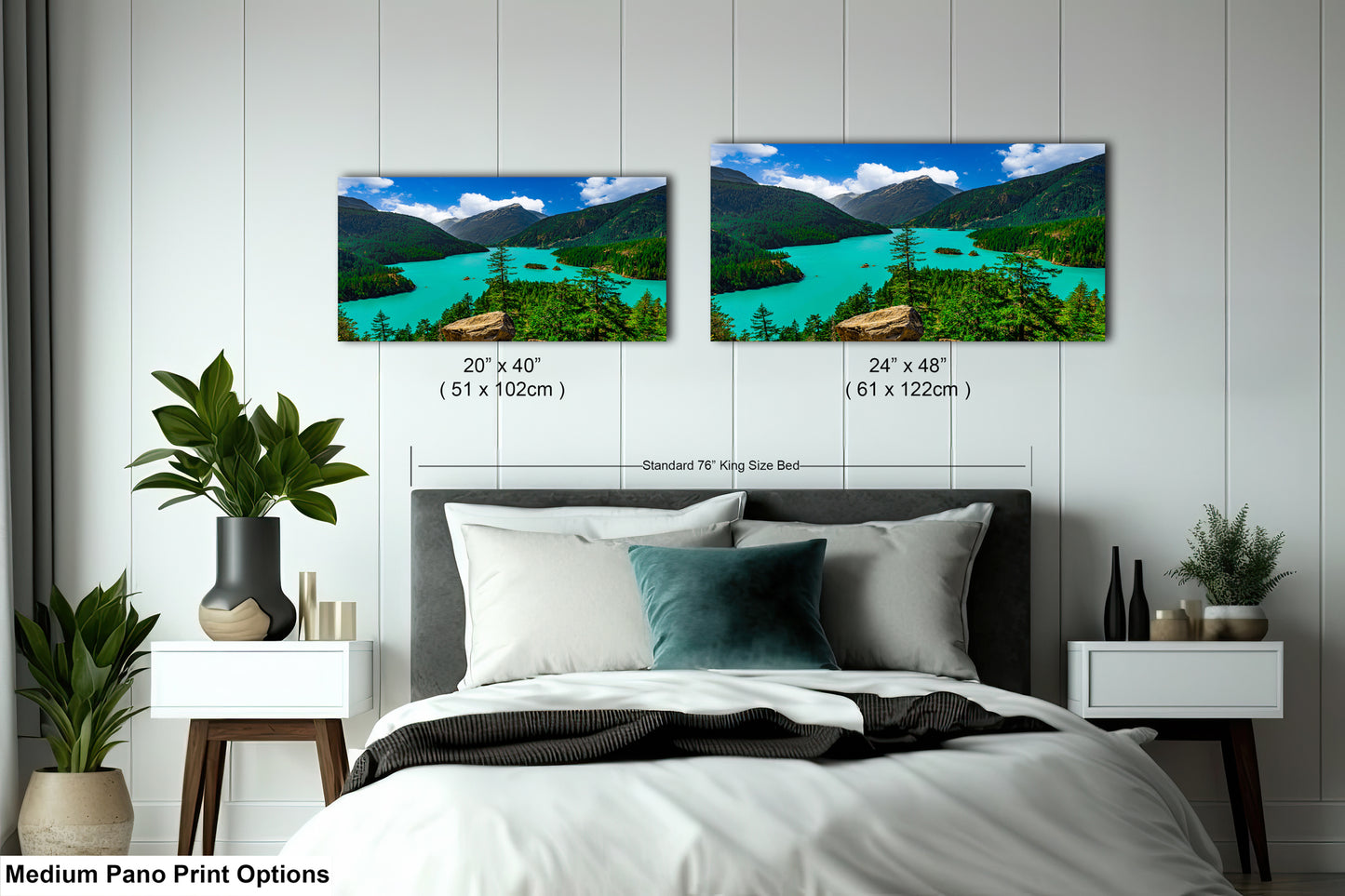 a bedroom with a bed, nightstands, and a large landscape painting hanging on the wall above the bed.