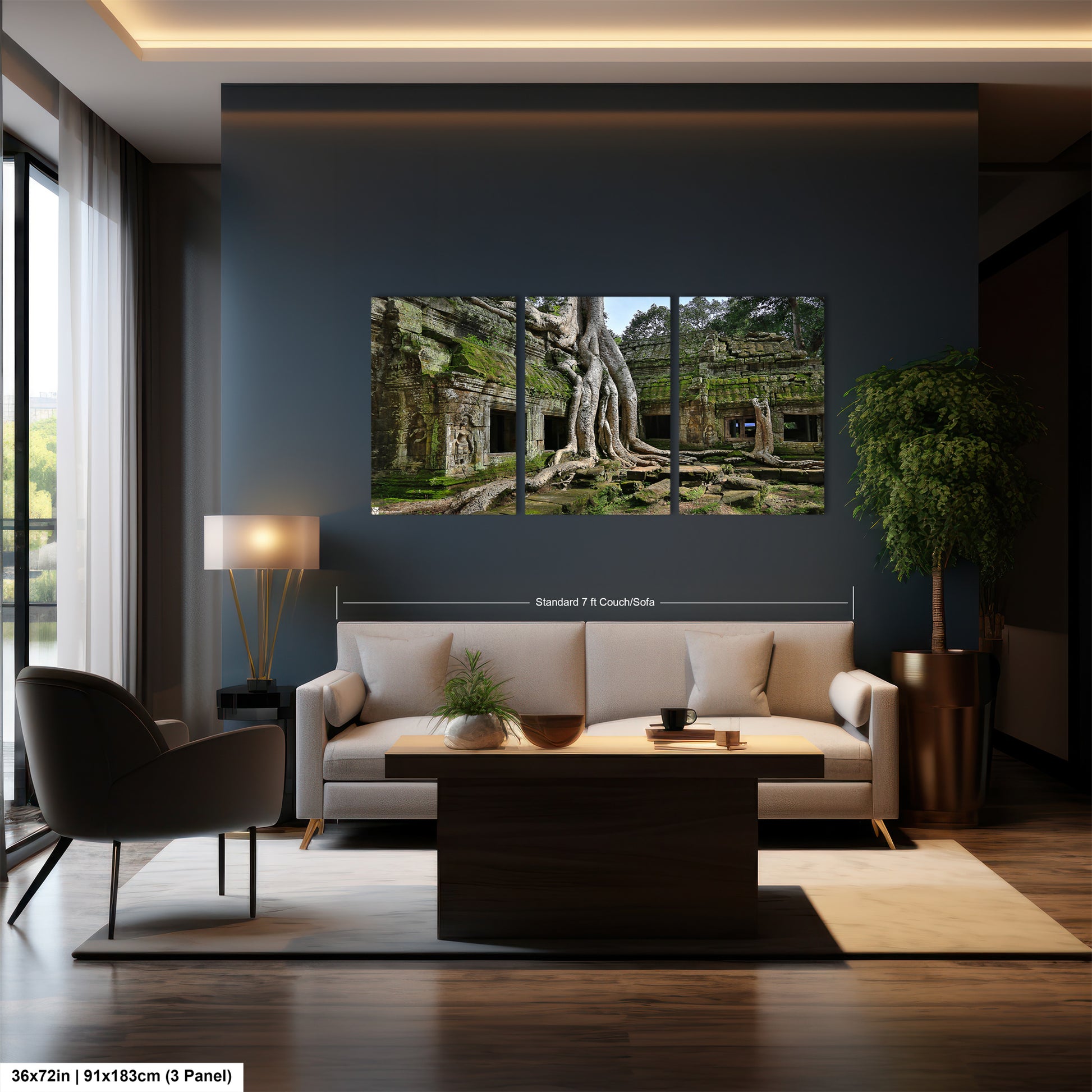 a living room with a couch and a table