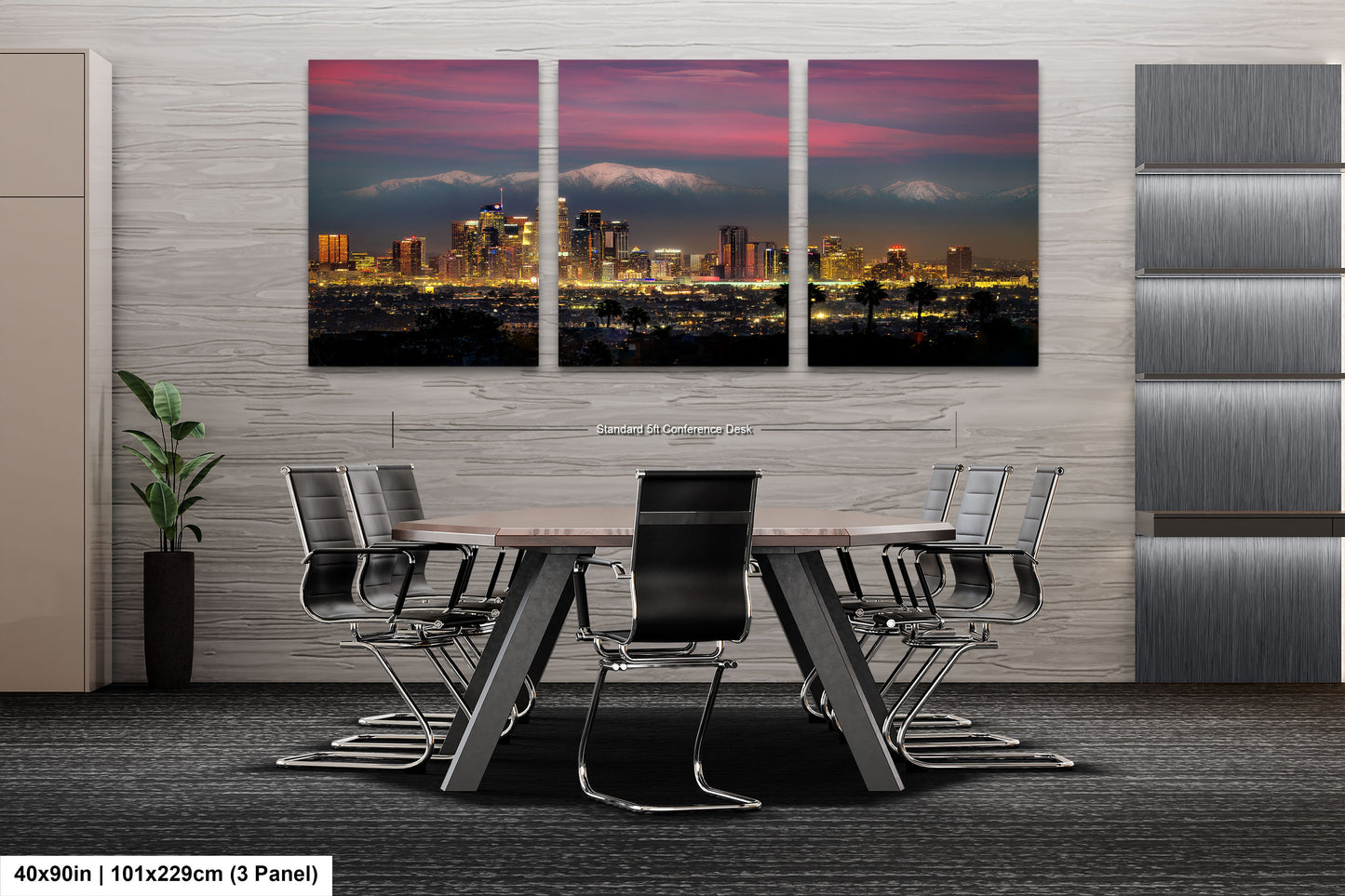 a dining room table with chairs in front of a cityscape