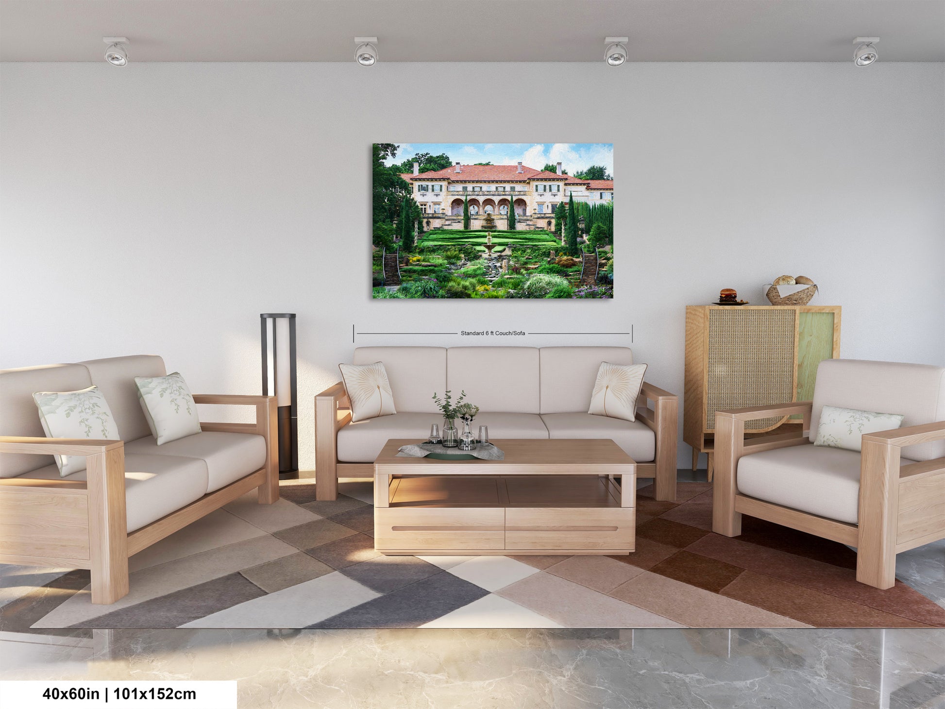 a living room filled with furniture and a painting on the wall