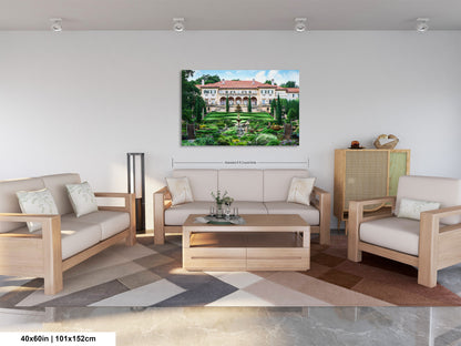 a living room filled with furniture and a painting on the wall