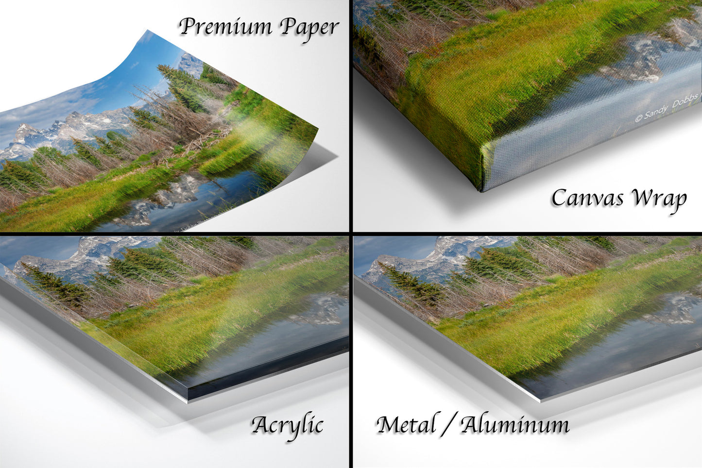 a series of four photos of a river and trees