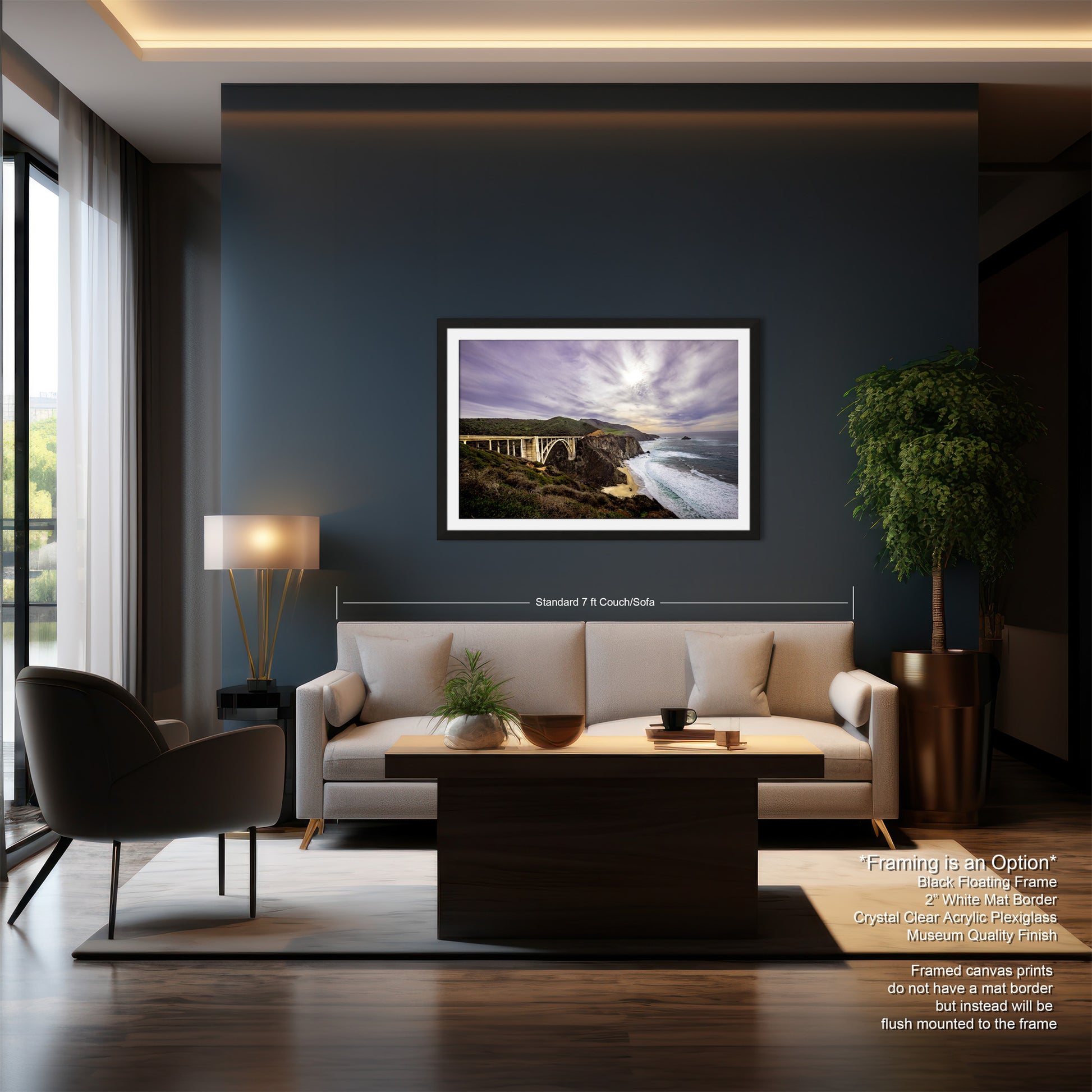 a living room with a couch a table and a painting on the wall