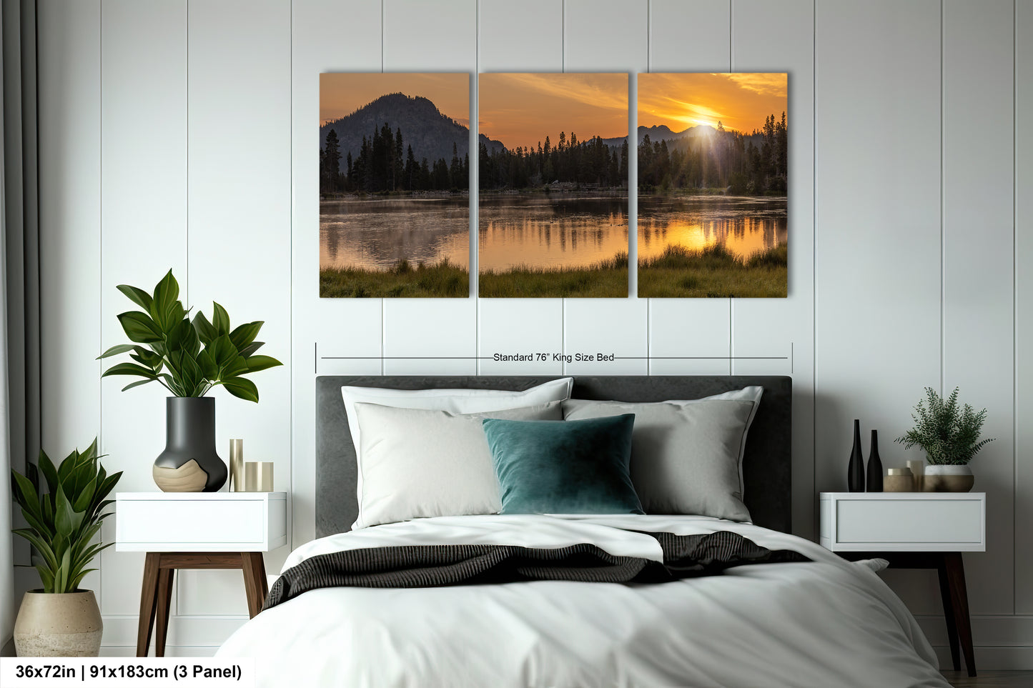 a bedroom scene with a bed and two paintings on the wall