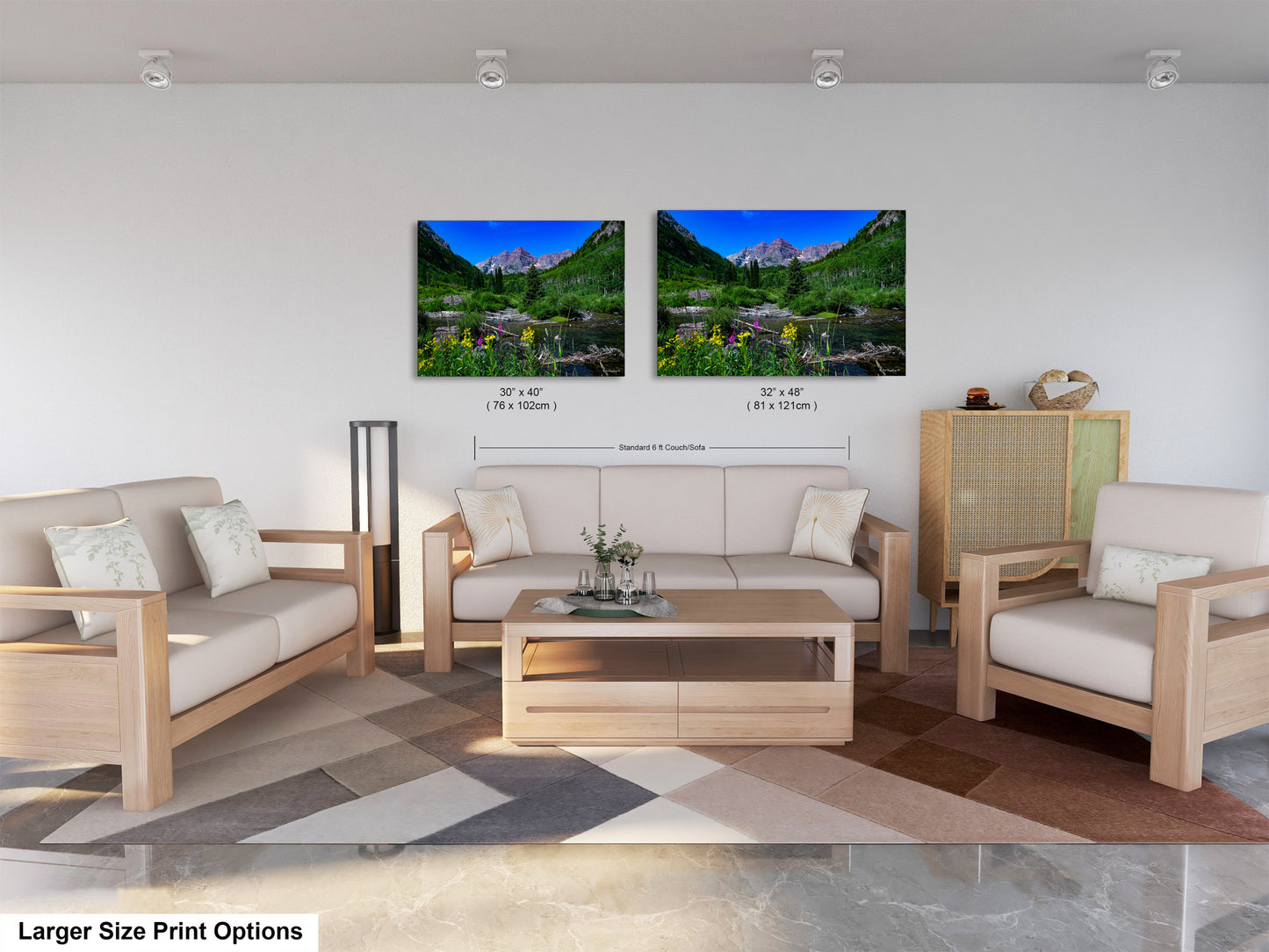 a living room with two pictures on the wall