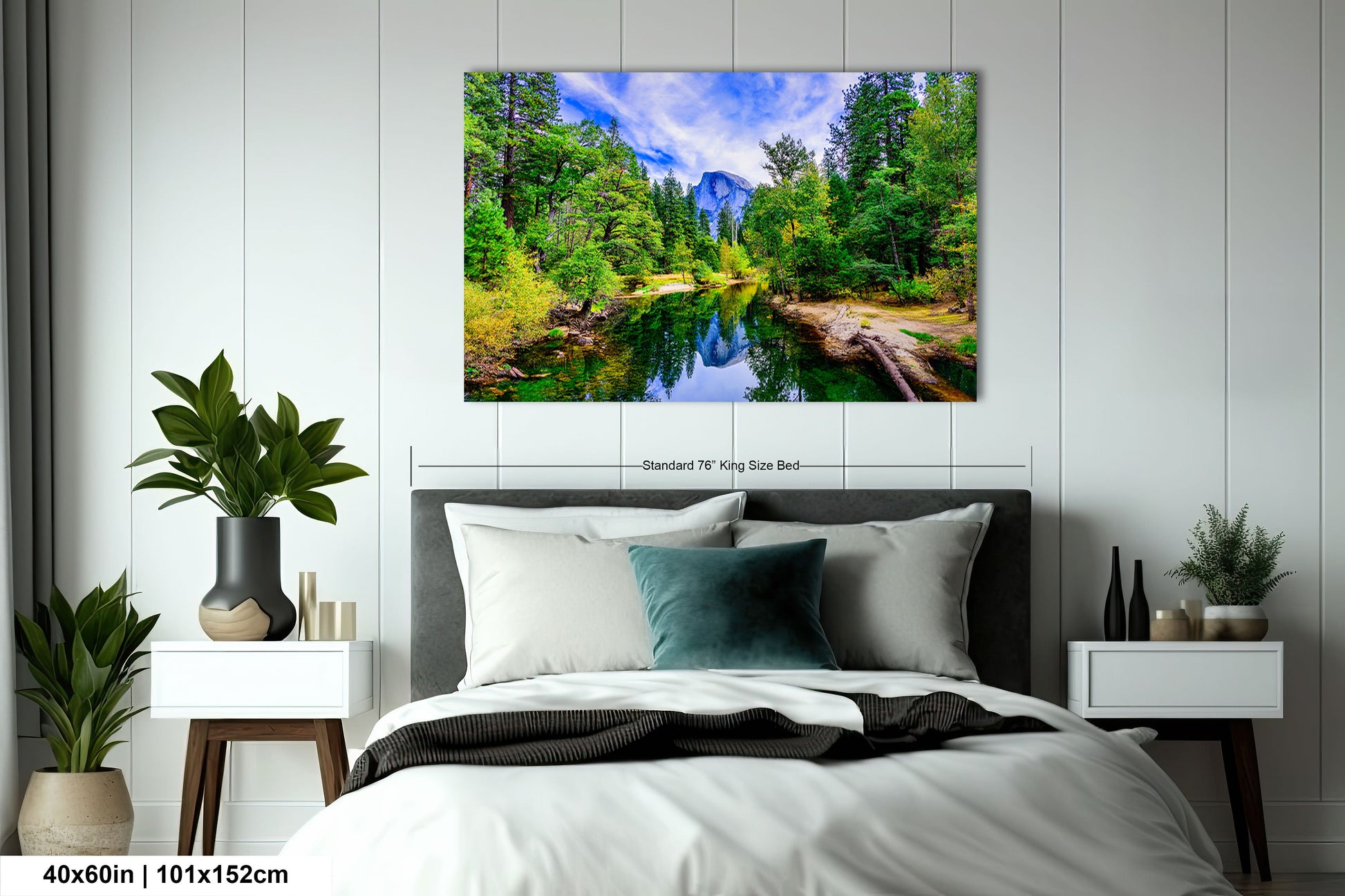 a bedroom with a bed and a painting on the wall