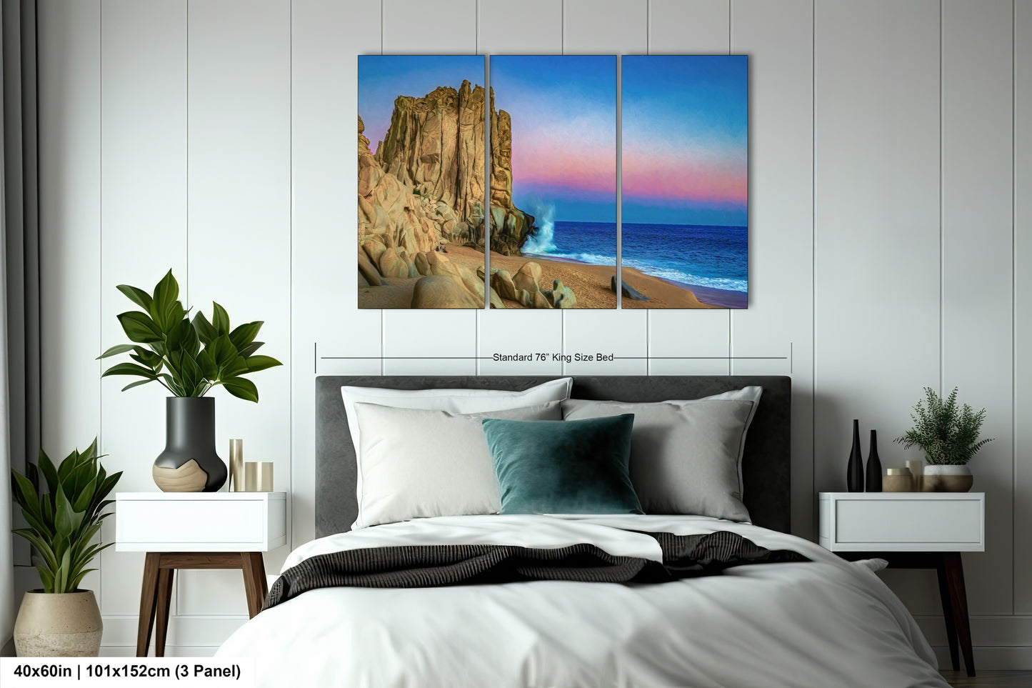 a bedroom with a bed and a painting on the wall