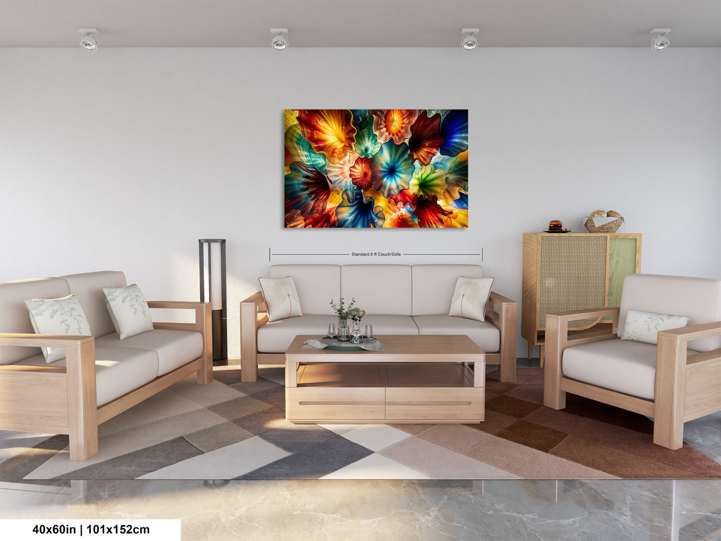 a modern living room with a large, colorful abstract painting hanging on the wall above a wooden coffee table. The room is furnished with two white couches and two matching chairs, creating a comfortable and inviting atmosphere.