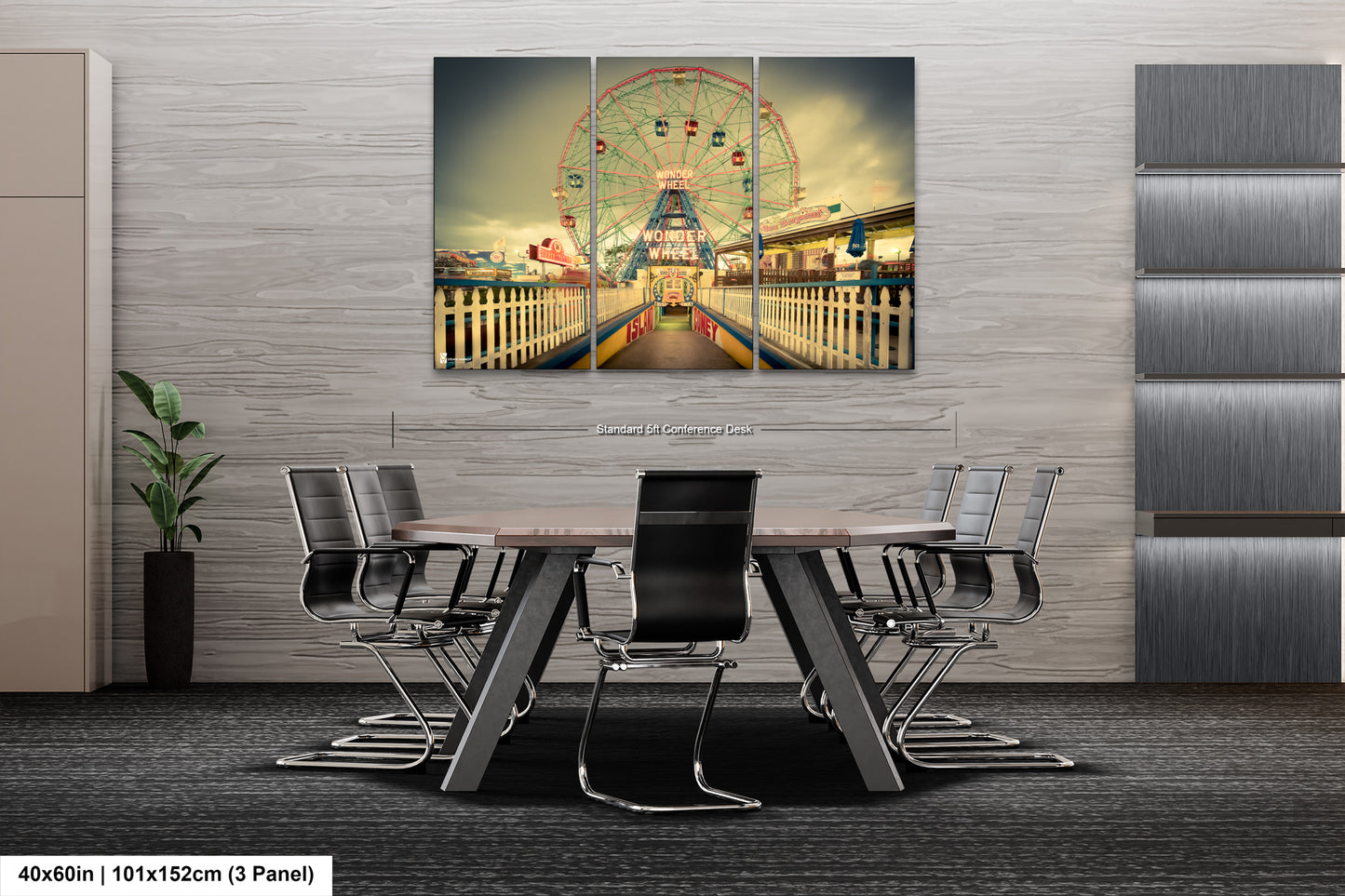 a table with chairs and a painting of a ferris wheel