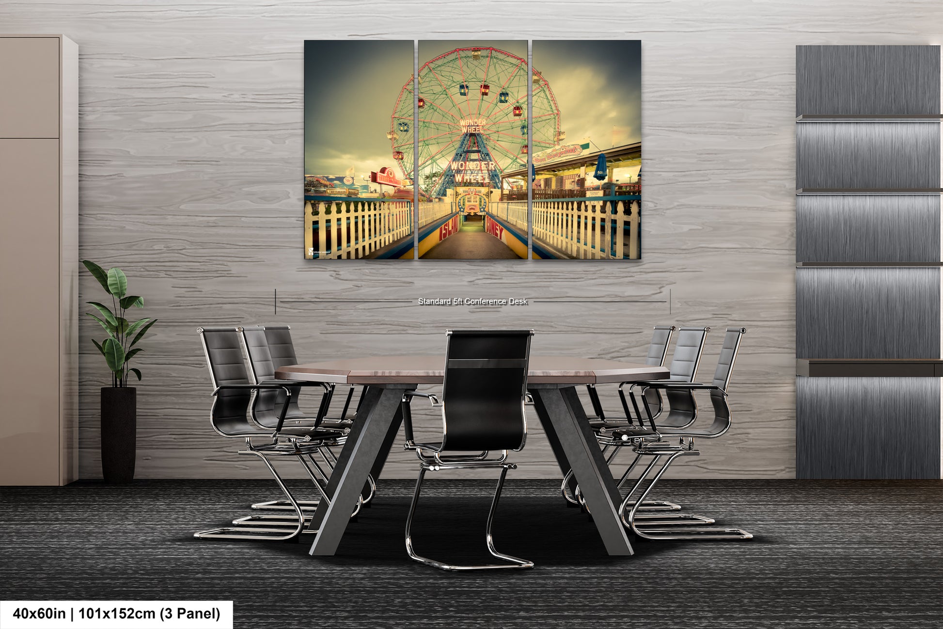 a table with chairs and a painting of a ferris wheel
