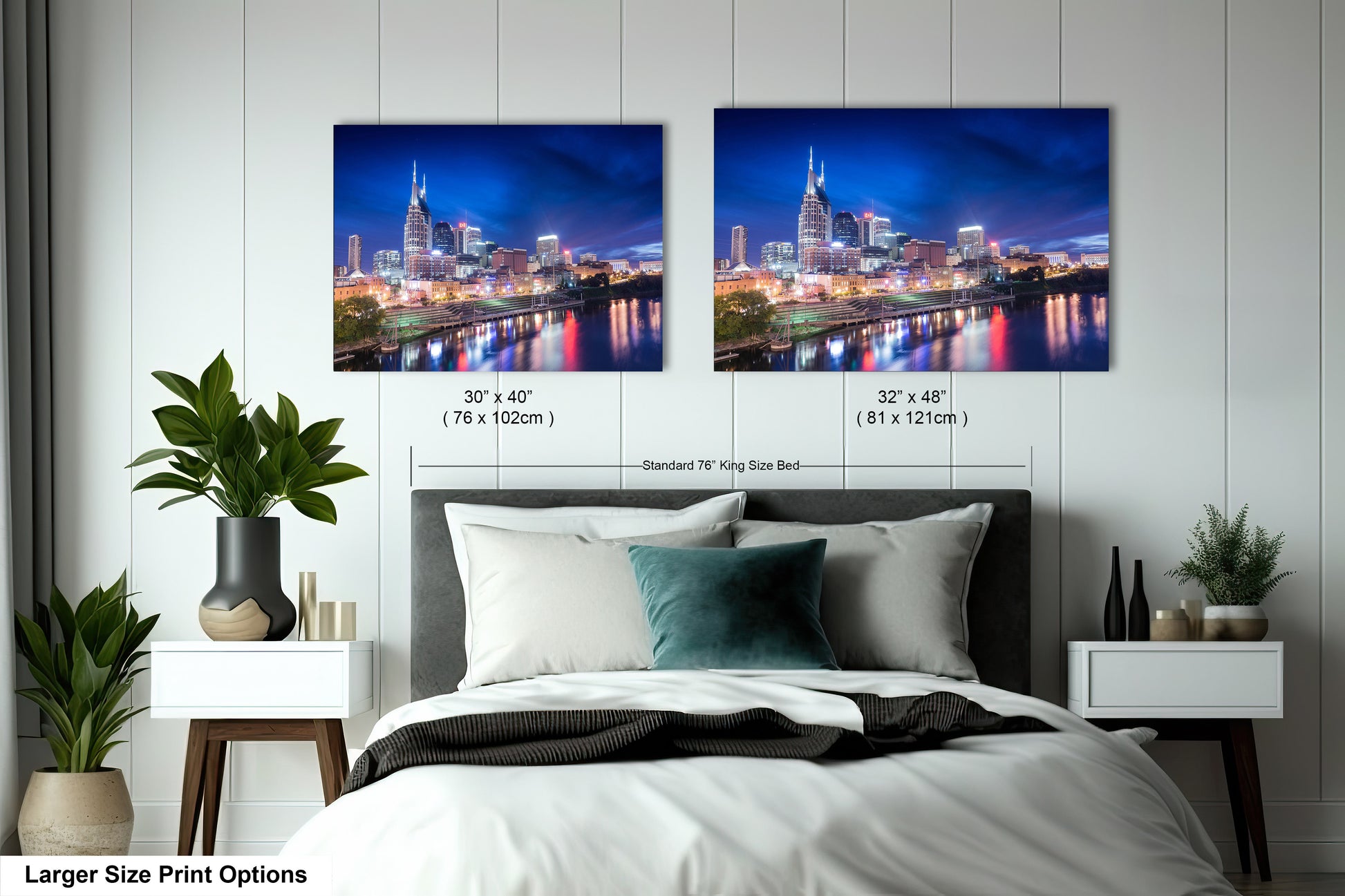 a bedroom with a bed and two pictures on the wall