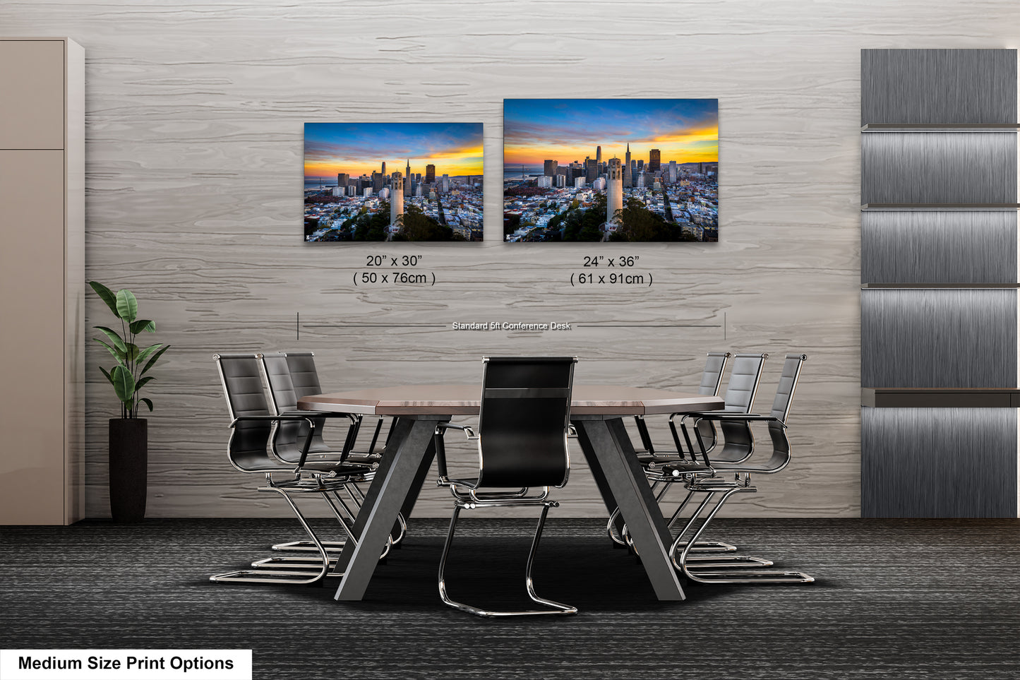 a dining room table with chairs and a picture of a city