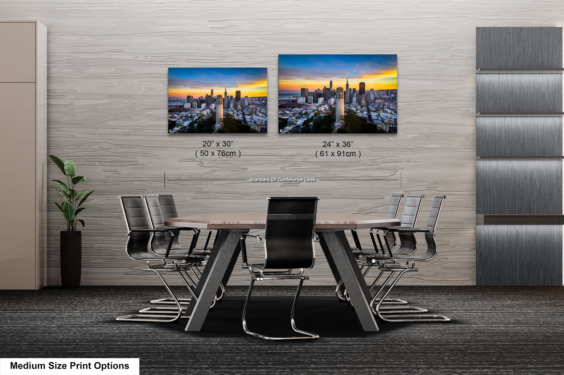 a dining room table with chairs and a picture of a city