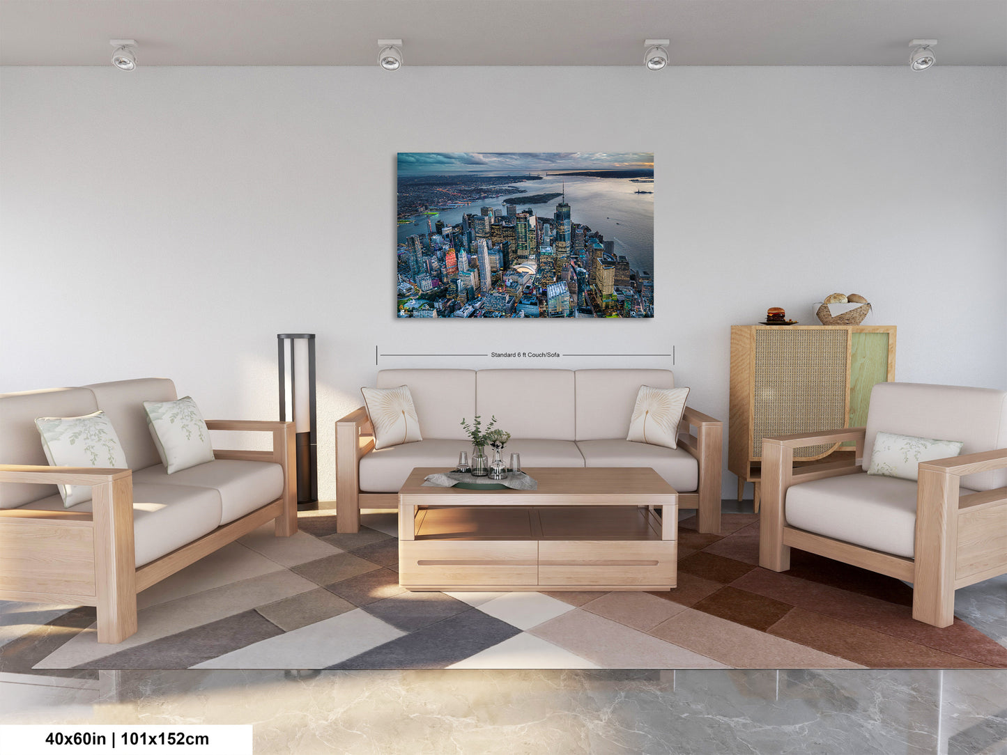 a living room filled with furniture and a painting on the wall