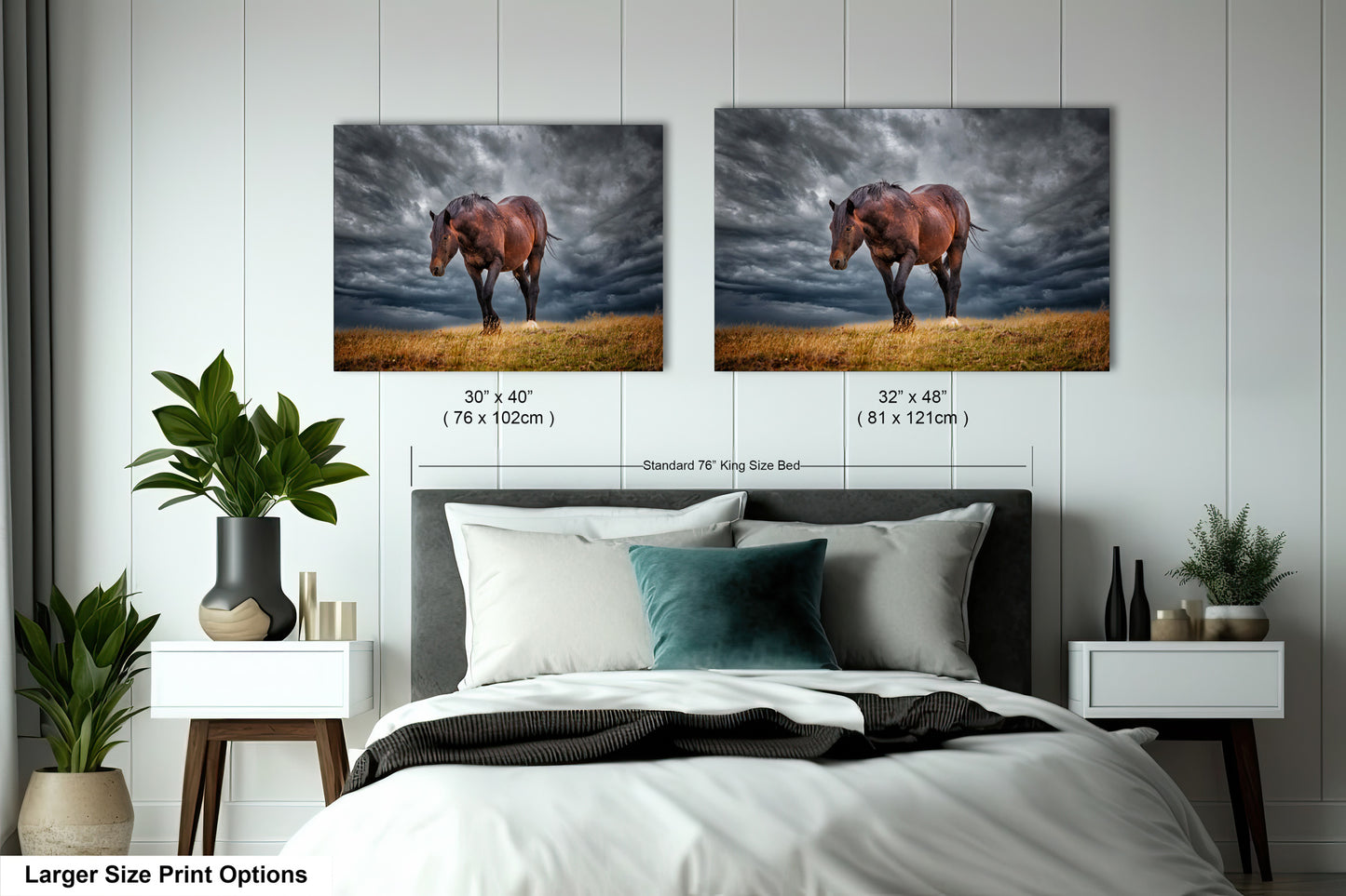 a bed room with two pictures of horses on the wall
