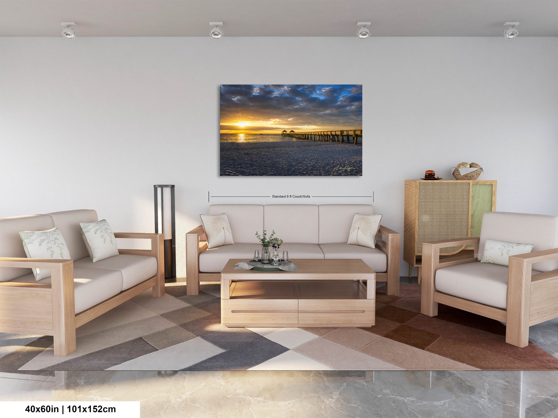 a living room filled with furniture and a painting on the wall