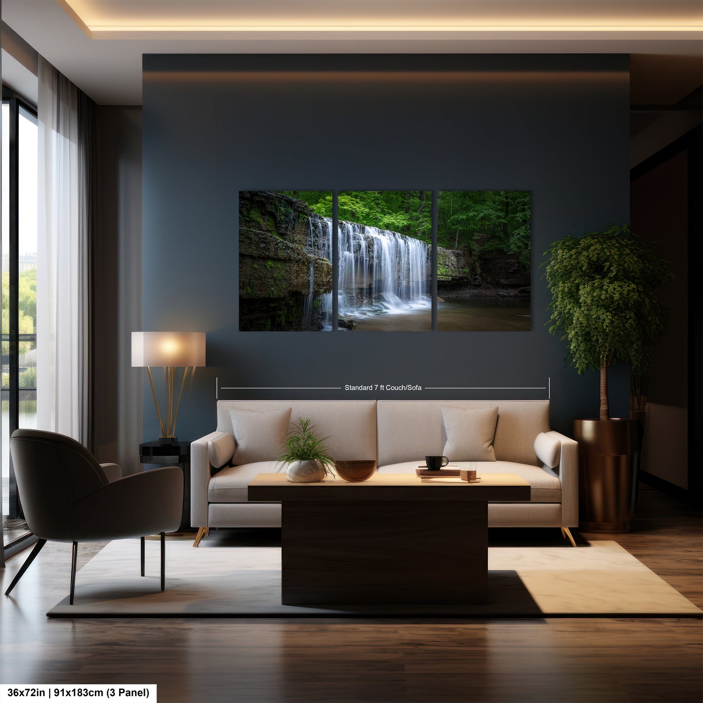 a living room filled with furniture and a painting on the wall
