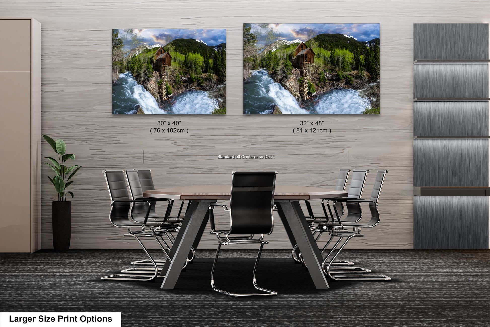 a dining room table with chairs and two pictures of a waterfall