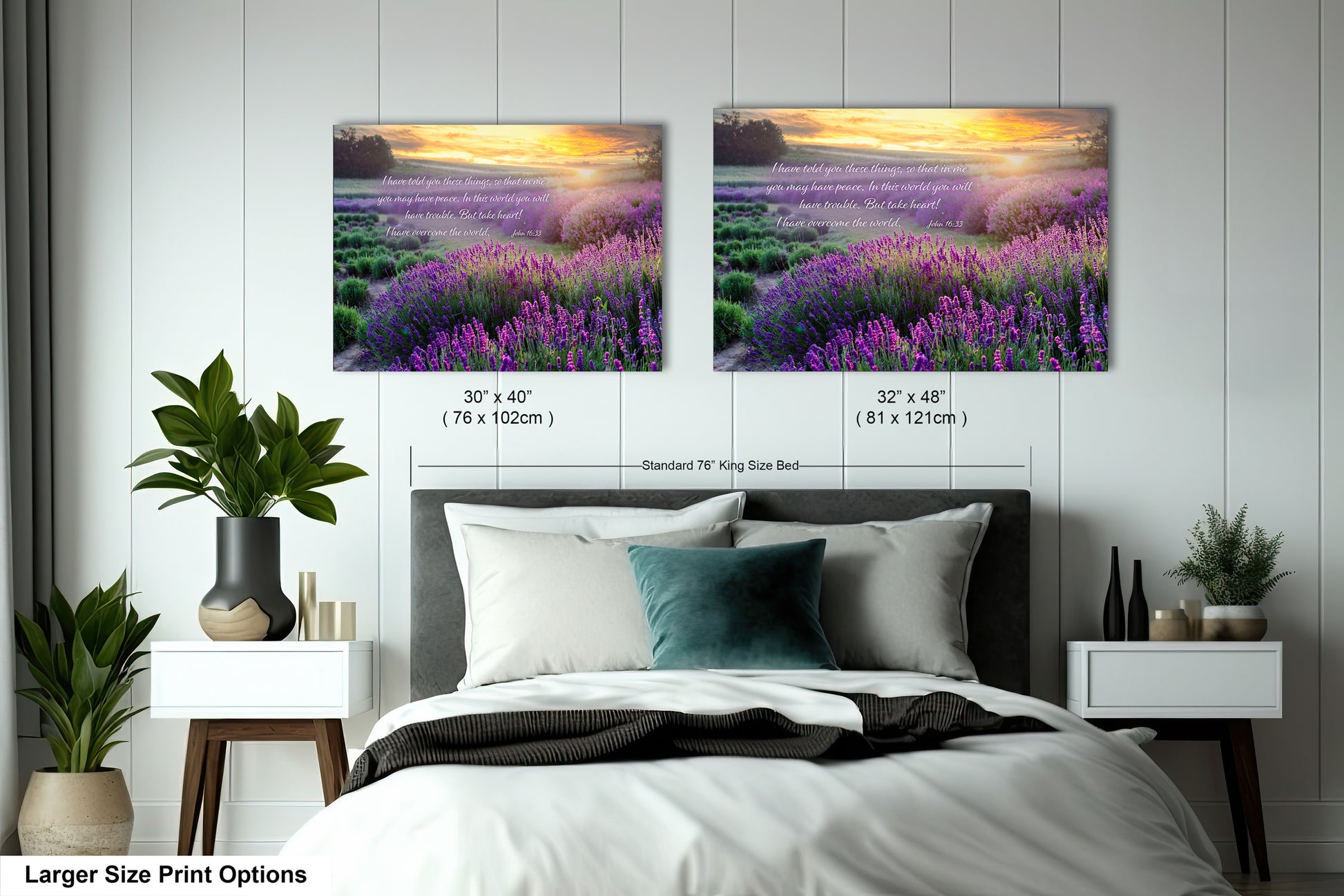a bedroom with a bed and two pictures on the wall