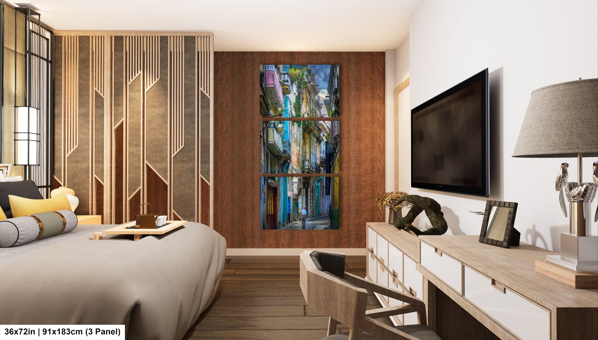 a bed room with a neatly made bed and a flat screen tv
