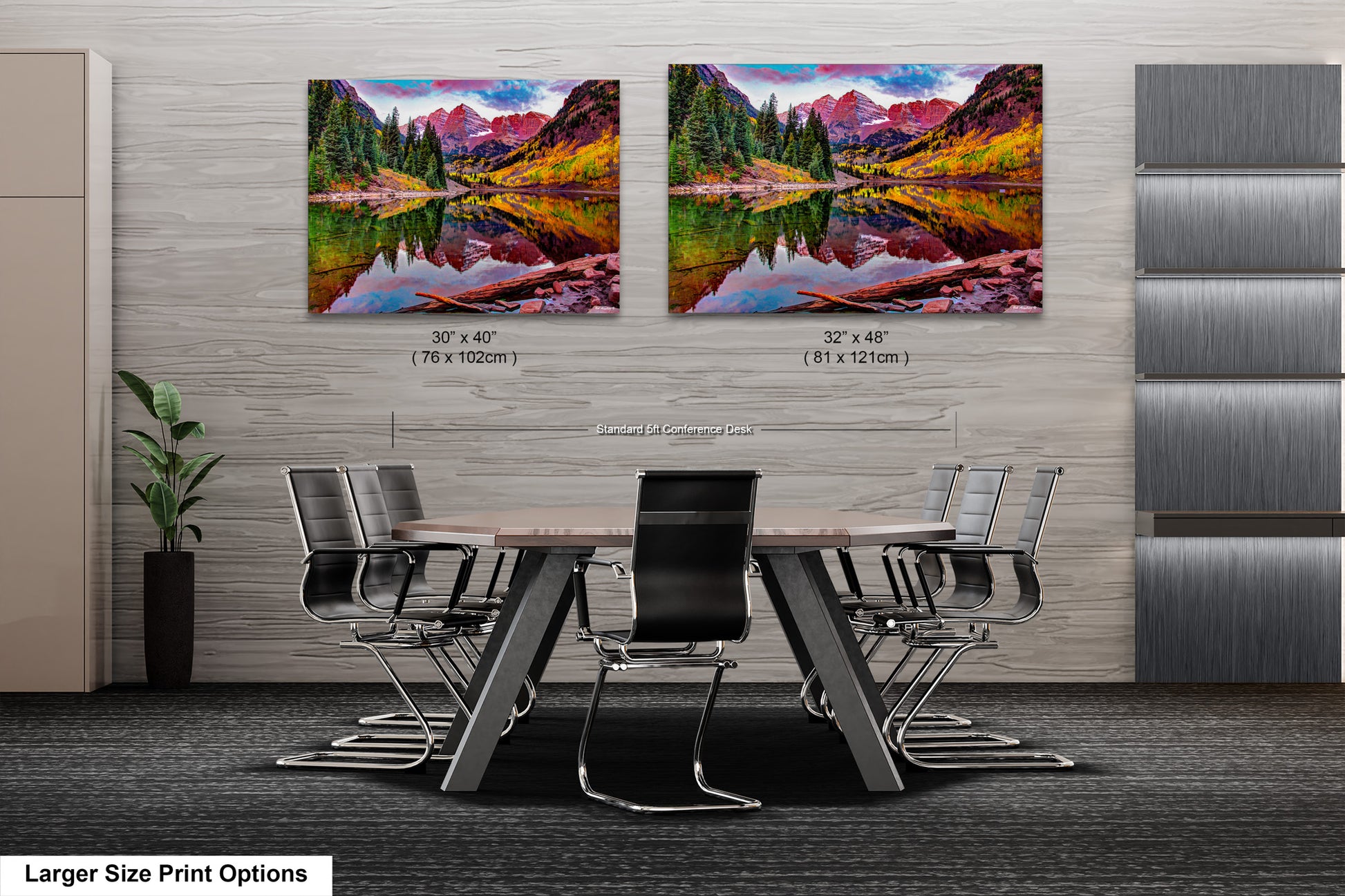 a dining room table with chairs and a painting on the wall