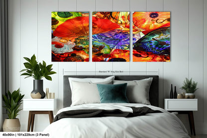 a bedroom with a bed and two paintings on the wall
