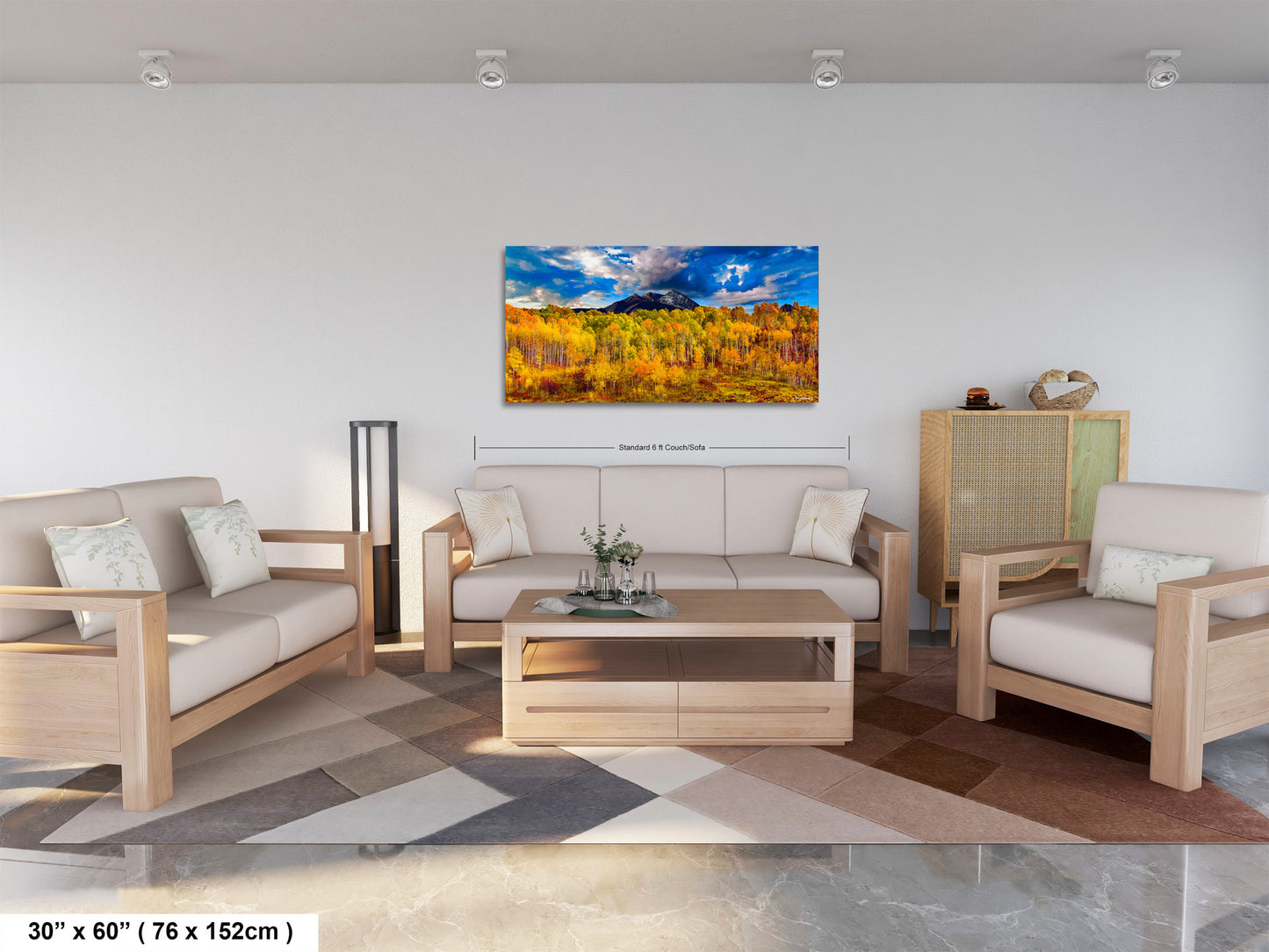 a living room filled with furniture and a painting on the wall