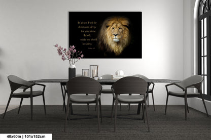 a dining room table with chairs and a picture of a lion on the wall