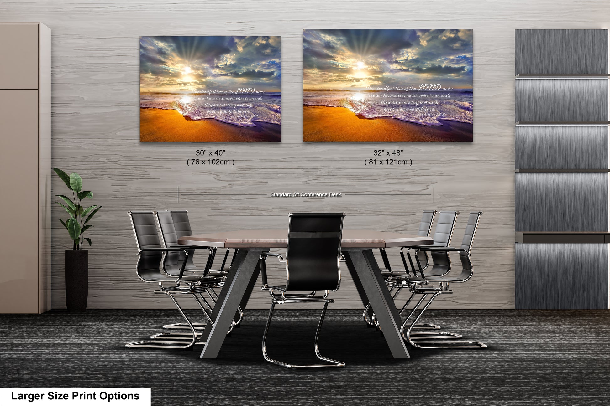 a dining room table with chairs and two pictures on the wall