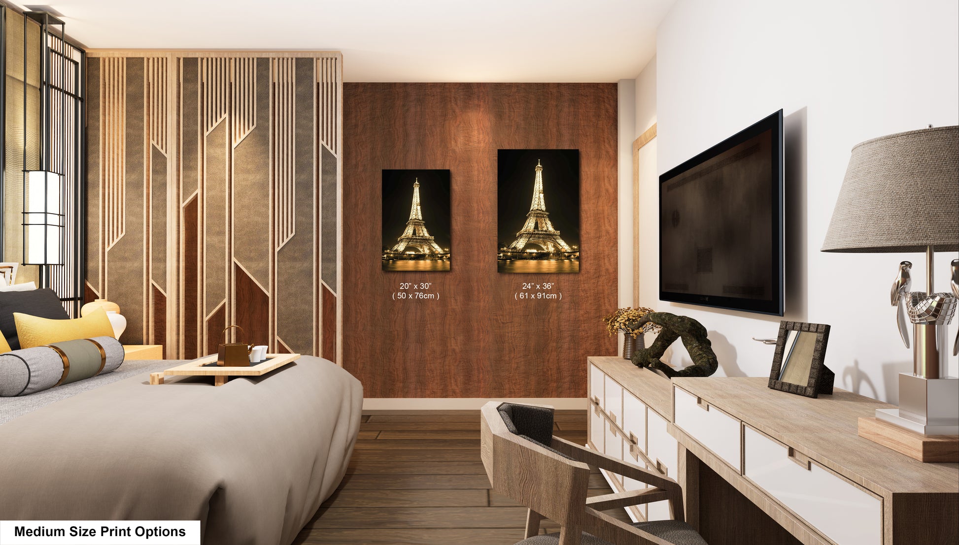 a hotel room with a bed, desk and television