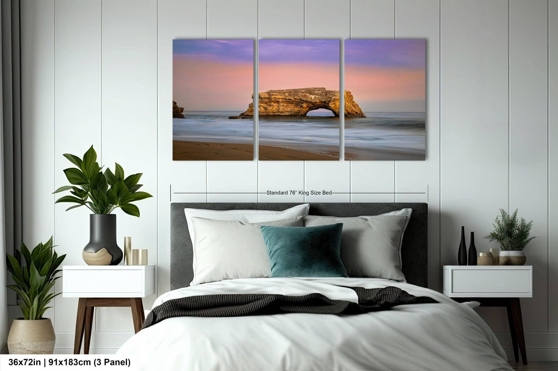 a bed room with a neatly made bed and a painting on the wall