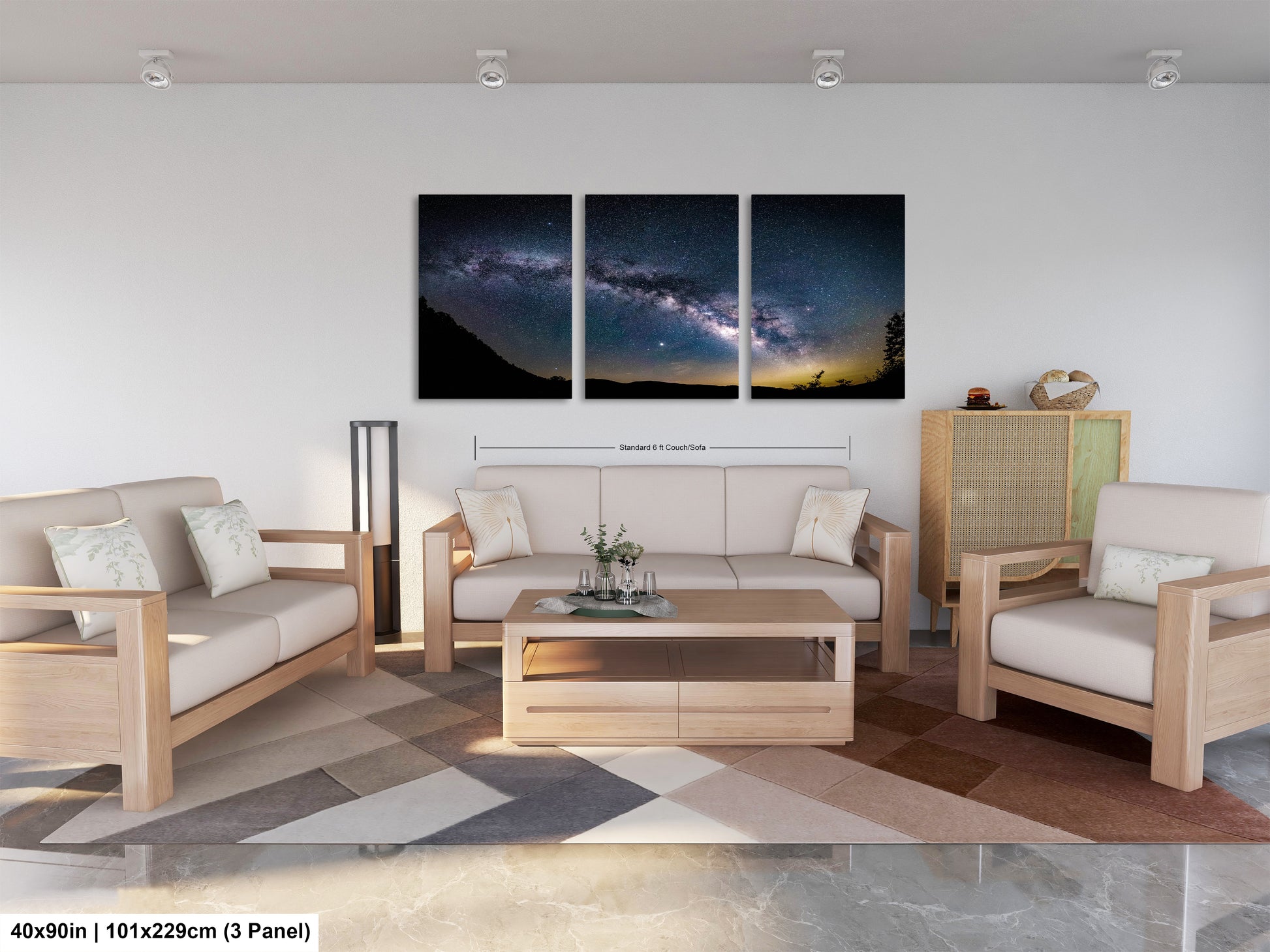a living room filled with furniture and a painting on the wall