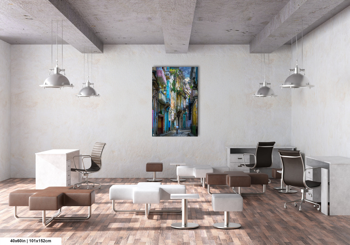 a room with a lot of chairs and a painting on the wall