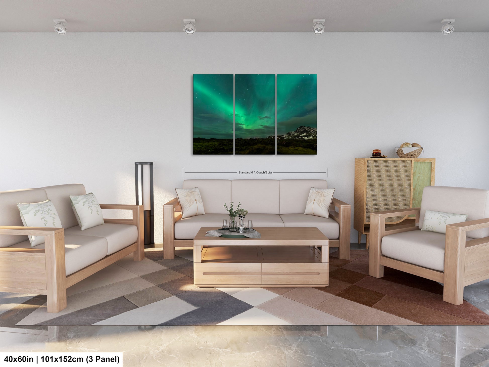 a living room filled with furniture and a painting on the wall